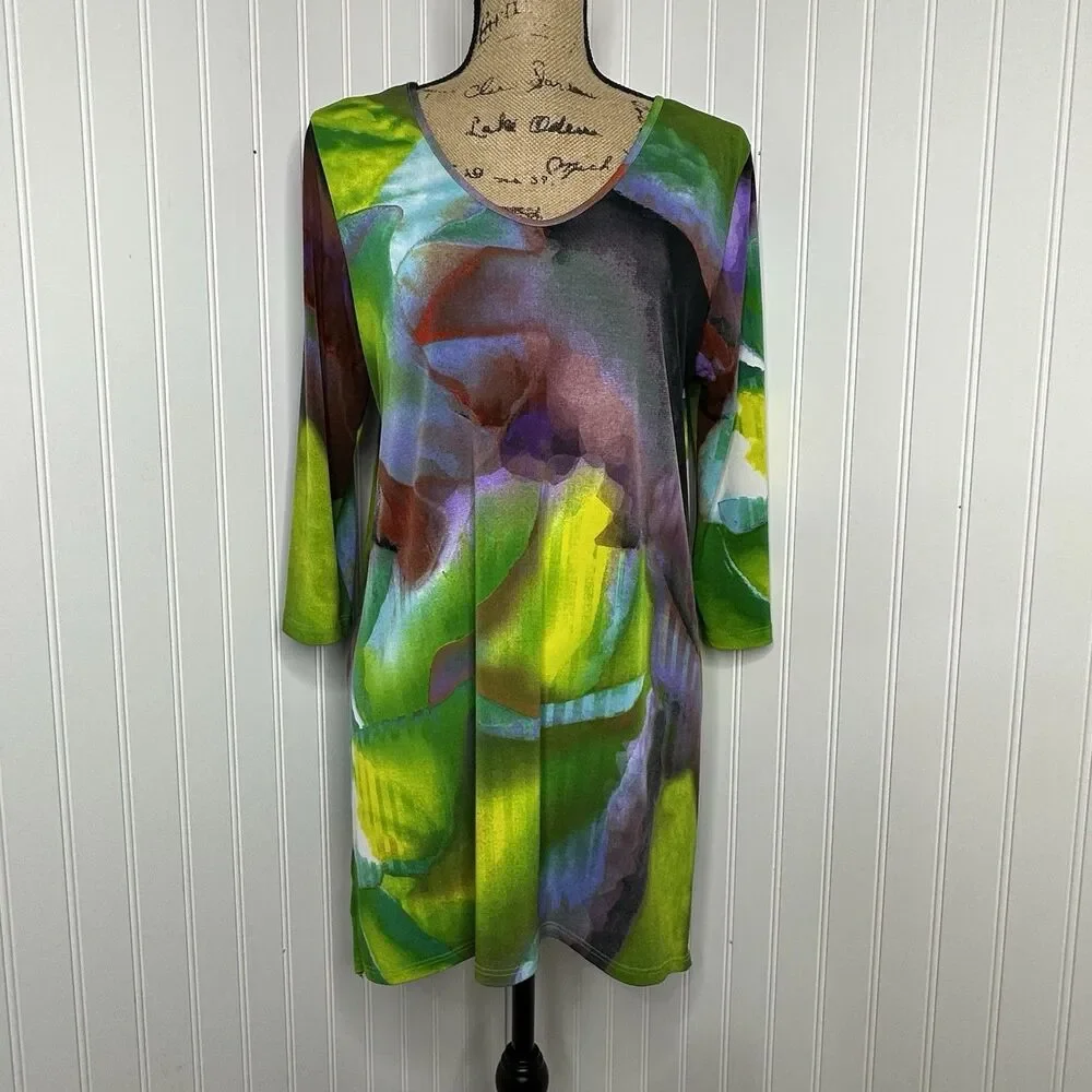 Clara Sun Woo Tunic Top Women Sz L Abstract Watercolor Art To Wear Artsy Shirt - Picture 10 of 10
